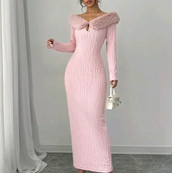 Long Sleeve Fluffy Collar Tie-Waist Off Shoulder Elegant Char - Picture 3 of 4